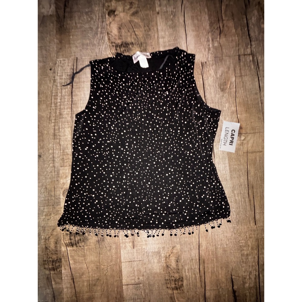 Vintage Ronni Nicole Black Polka Dot Beaded Fringe Sleeveless Top XL NWT